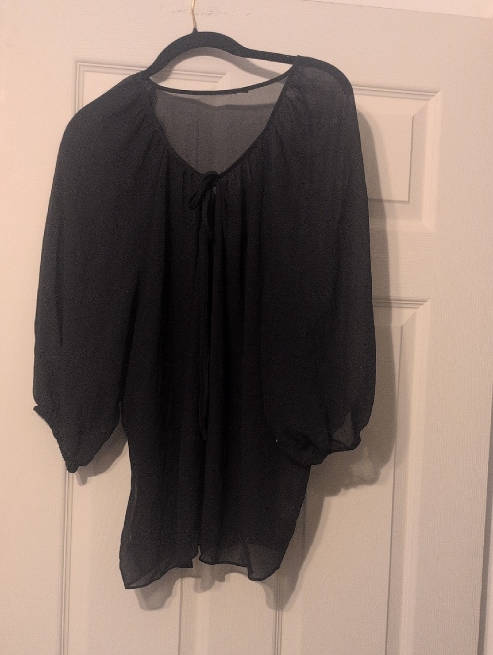 a.n.a Black Sheer Tie-Front Peasant Blouse